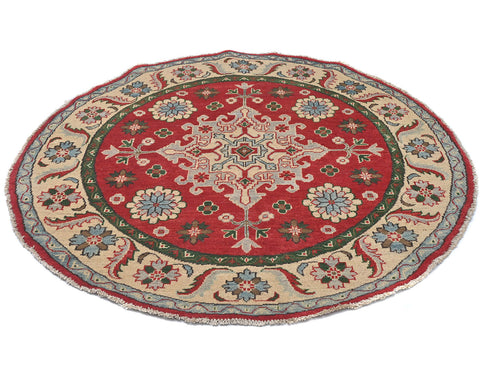 5x5 Red Kuba Afghan Hand Knotted Round Wool Area Rug